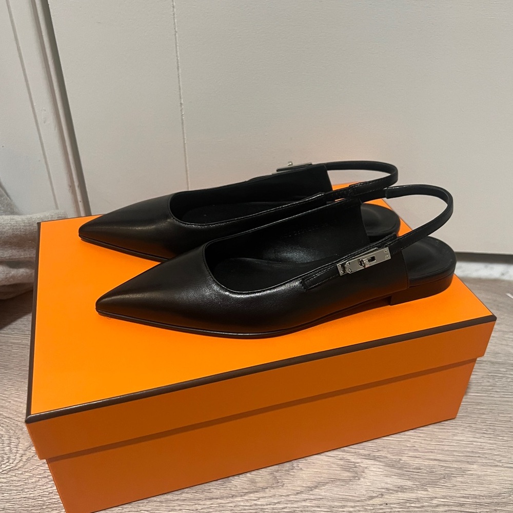 Hermes Black Lovlie Slingbsck Leather Slingback Flats - Picture 4 of 10